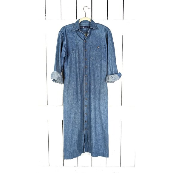 Vintage Ralph Lauren blue jean denim fitted long cardigan dress jacket - Picture 1 of 7